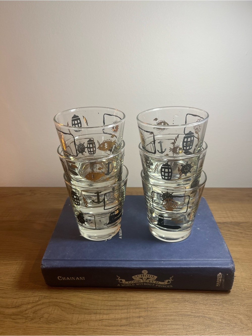 Vintage MCM Set of 6 Nautical Pattern Clear Drinking Glasses